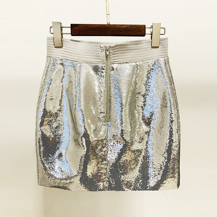 Metallic Coated Fabric Goods Personality Bling Bling Shiny Sequ Short Suit Mid Length Skirt Set Two Piece Set