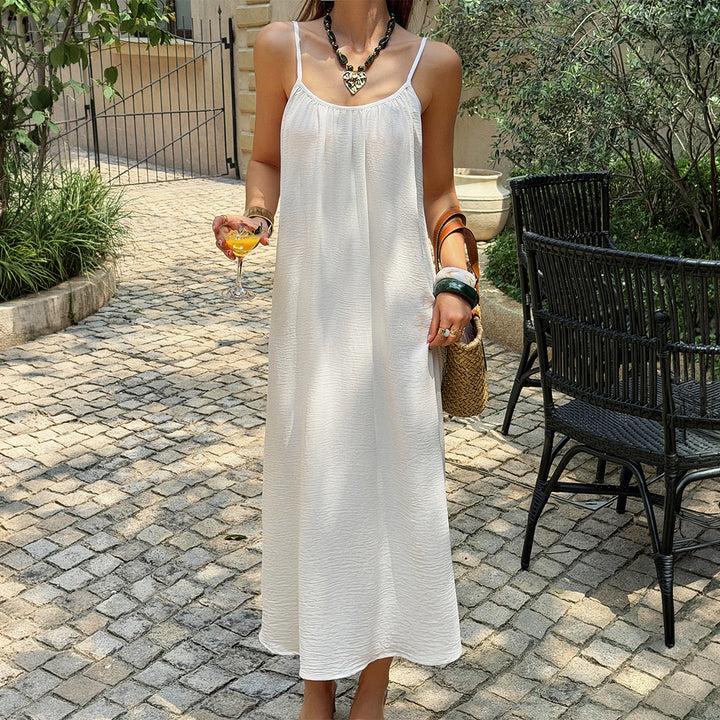 Women Clothing Summer French Vacation White Texture Pleated Dress