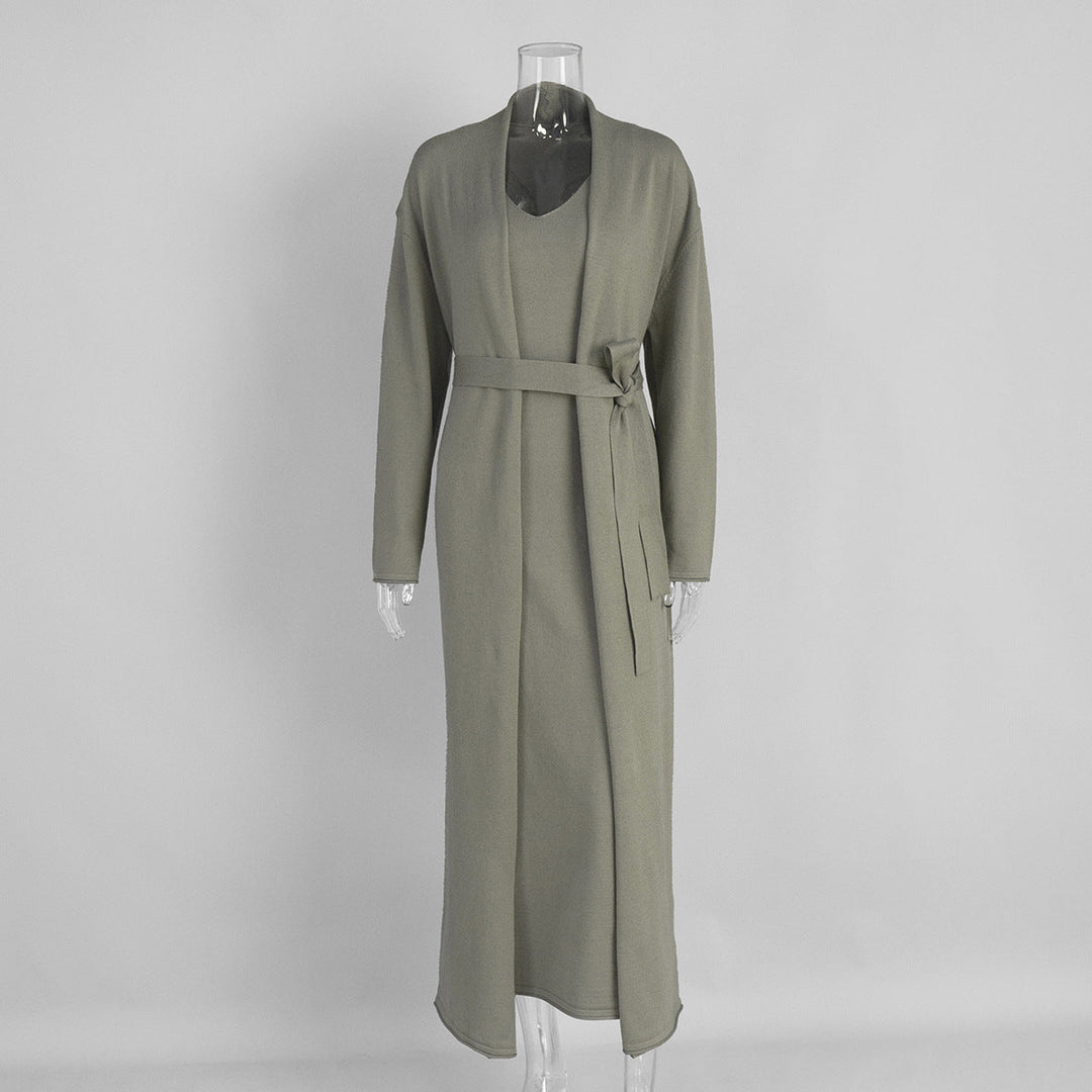 Women Knitted Long Sleeve Cardigan Sling Dress Set Autumn Soft Blouse