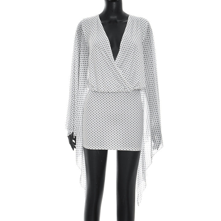 Women Clothing Summer Polka Dot Print Mesh Stitching Long Sleeves Bare Back Sheath Dress