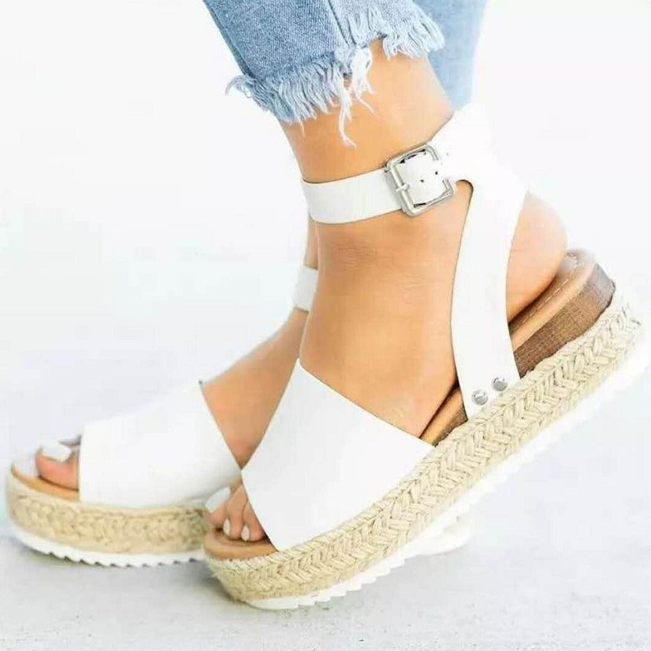 plus Size Summer Platform Heel Buckle Sandals Women Leopard Print Hemp Rope Woven Wedge