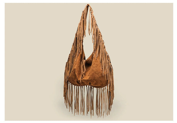 Tassel Large Capacity Tote Crescent Trendy One Shoulder Women Bag Casual Simple Crossbody Suede Retro Dumpling Bag