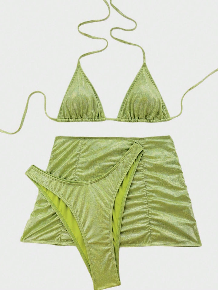 Women Swimsuit Sexy Flash Fabric Three Piece Metallic Coated Fabric Bikini Swimsuit