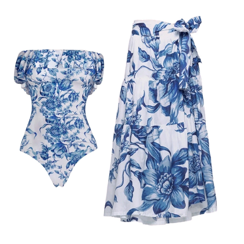 Swimsuit Blue Color Floral Vacation Swimsuit Women Long Skirt