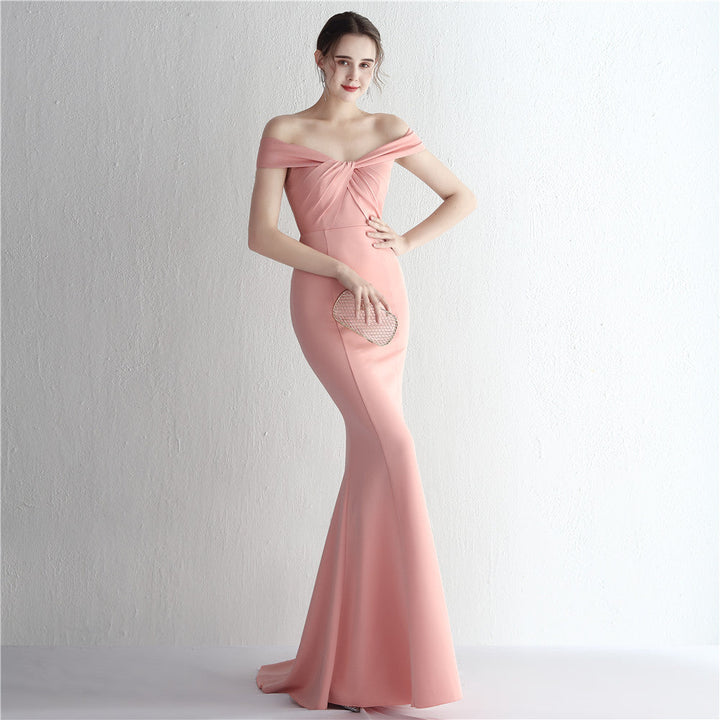 Satin Slim off Shoulder Long Debutante Gala Dinner Slimming Fishtail Wedding Car Model Show Dress