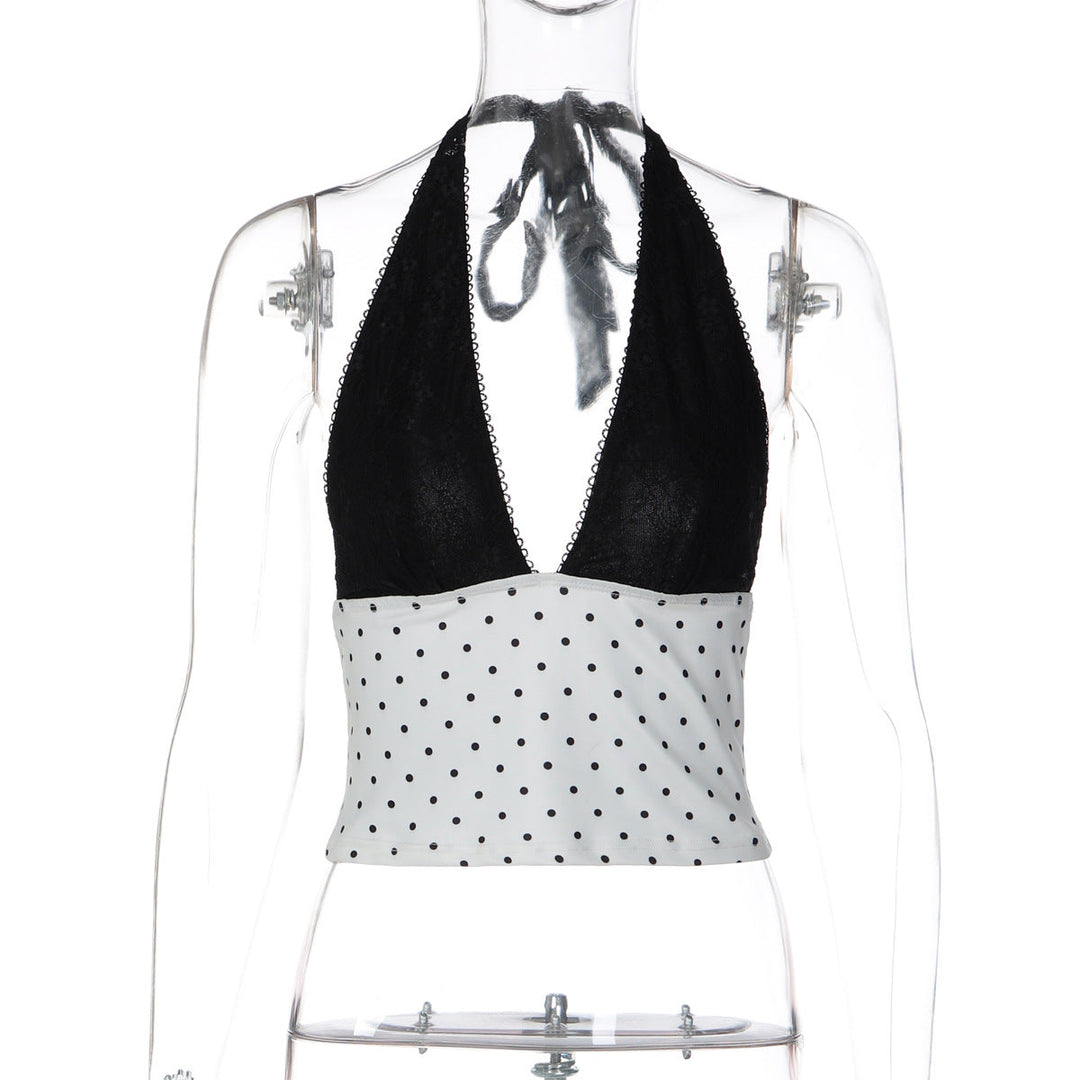 French Contrast Color V neck Halter Vest Summer Polka Dot Sexy Lace up Top