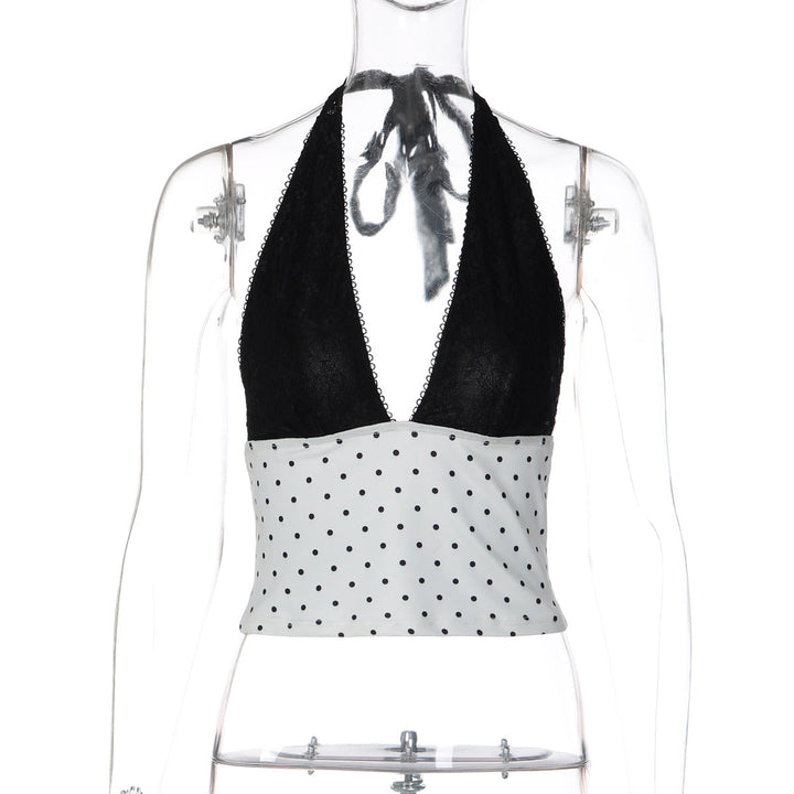 French Contrast Color V neck Halter Vest Summer Polka Dot Sexy Lace up Top
