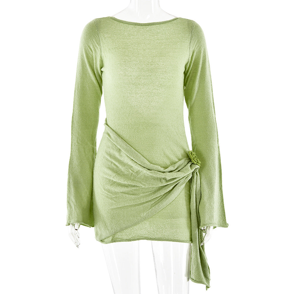Summer Knitted Long-Sleeved Dress Sexy Backless Slim Fit Dress