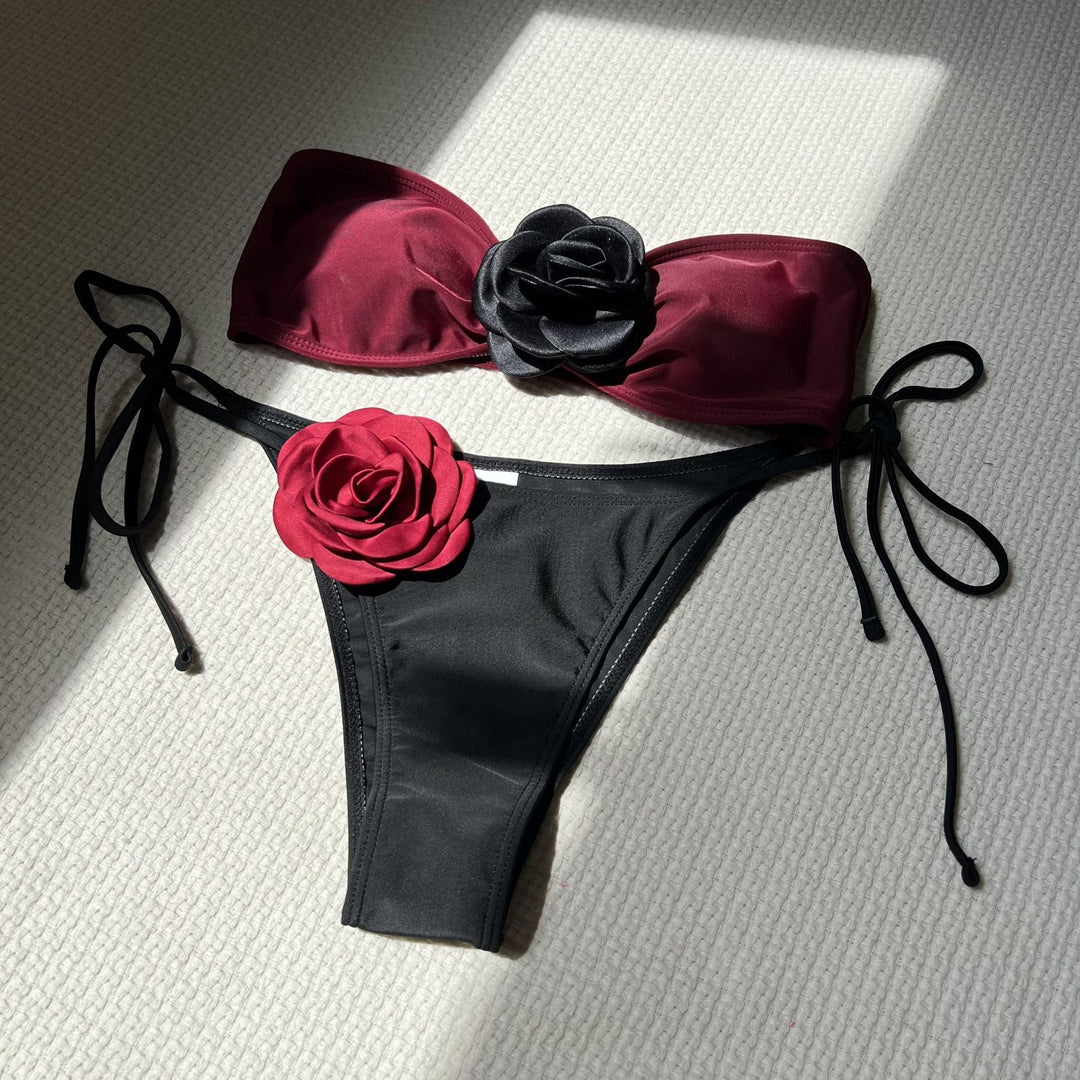 Color Matching Rose Tube Top Lace up Drawstring Strap Split Swimsuit Bikini