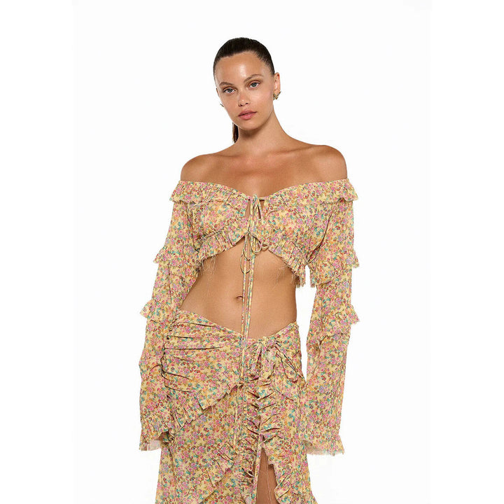 Chiffon Long Sleeve Split Beach Skirt Vintage Floral Split Skirt Sets Seaside Vacation