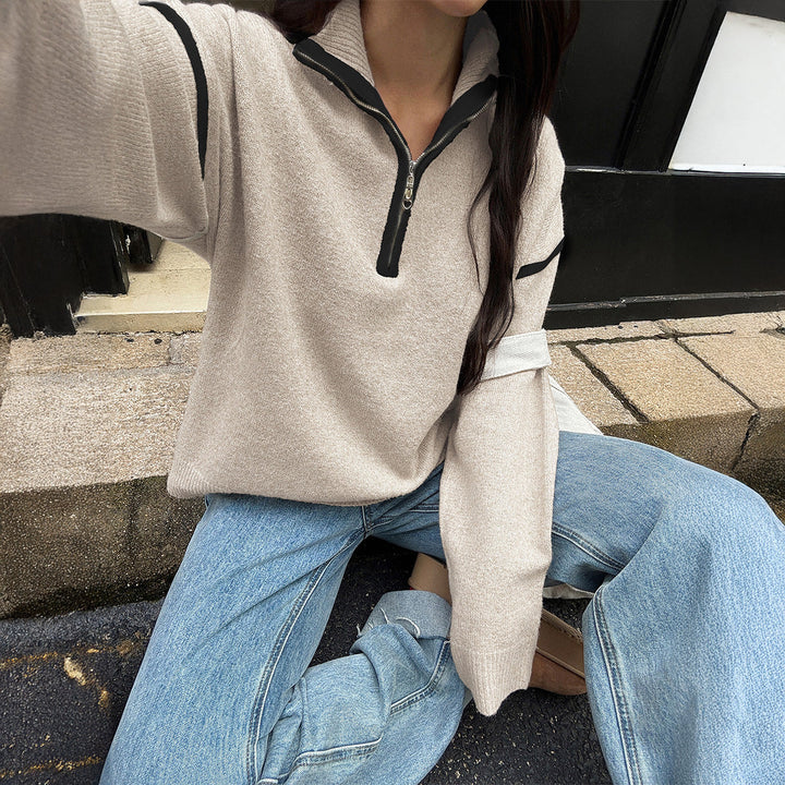 Casual Simple Solid Color Long Sleeve Zipper Sweaters Women Clothing Autumn Winter