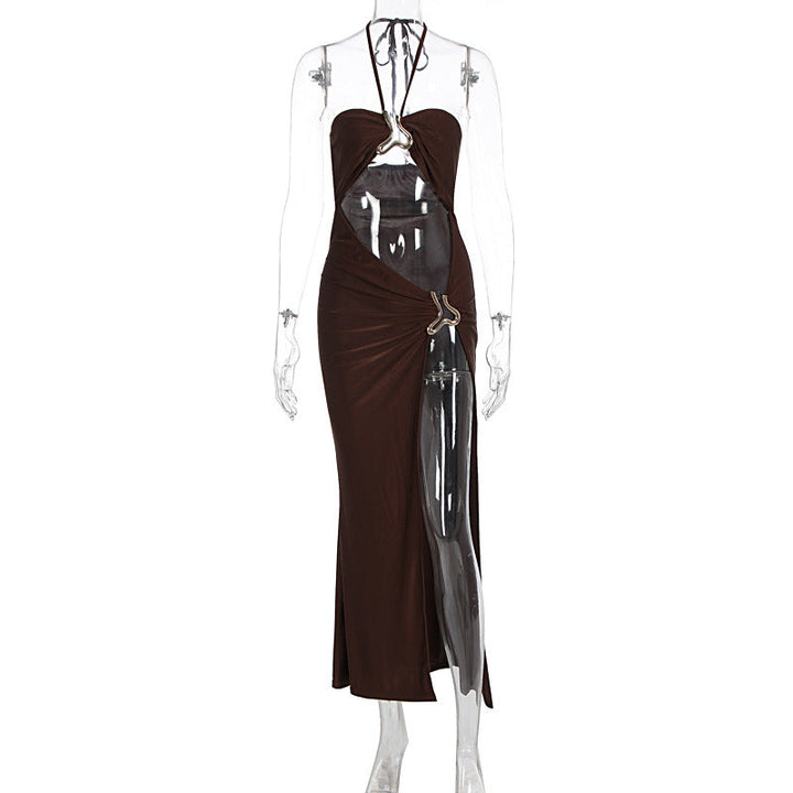 Women Clothing Summer Sexy Lace up Cutout Metal Decoration Split Dress