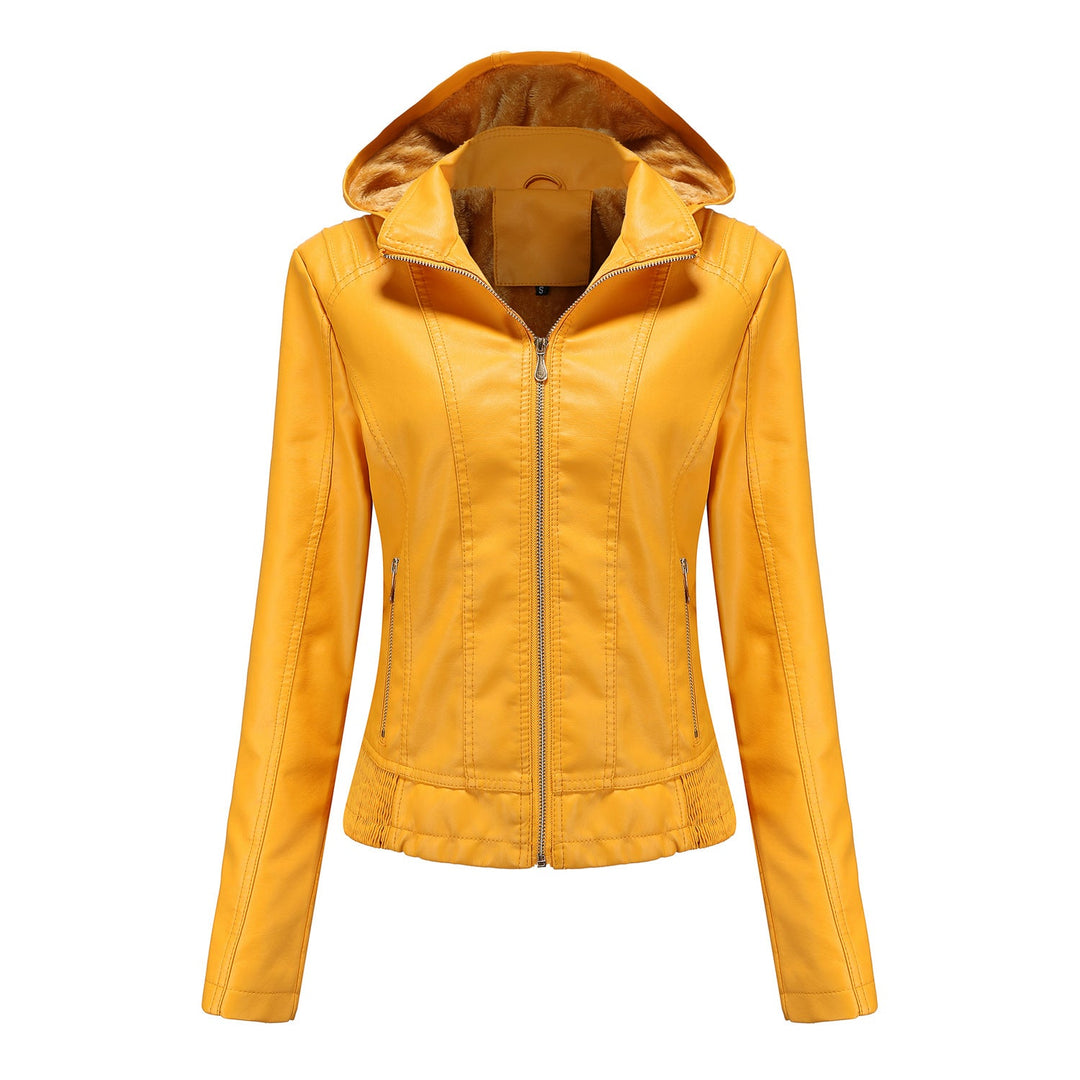 Fall Winter Hooded Leather Coat Women's Detachable Hat Long Sleeve Zipper Fleece-Lined Leather Jacket Slim Coat