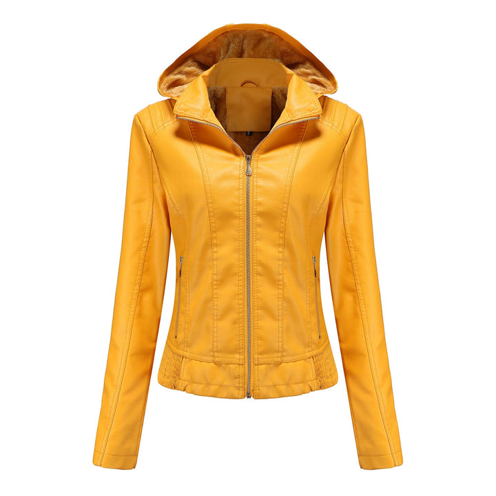 Fall Winter Hooded Leather Coat Women's Detachable Hat Long Sleeve Zipper Fleece-Lined Leather Jacket Slim Coat