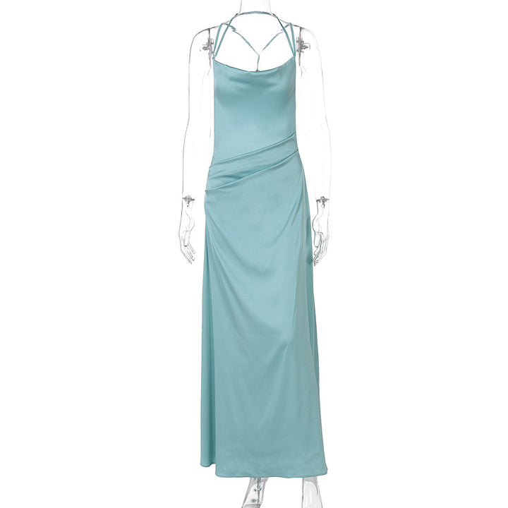 Women Clothing Spring Summer Sexy Backless Evening Dress Solid Color Swing Collar Dress