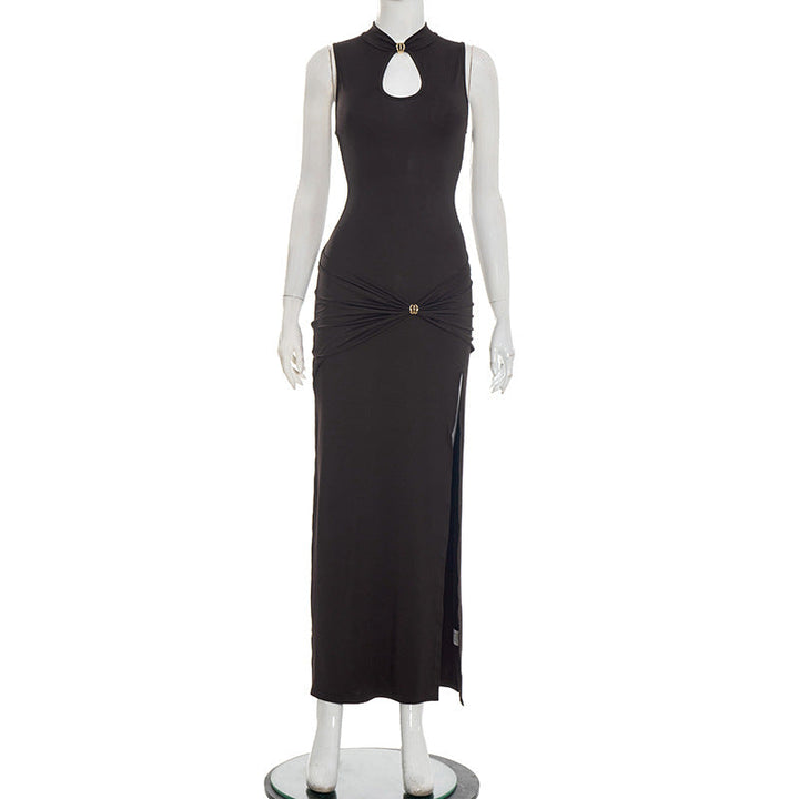 Women Clothing Spring Metal Buckle Half Turtleneck Sleeveless Sheath Slit Pleated Dress