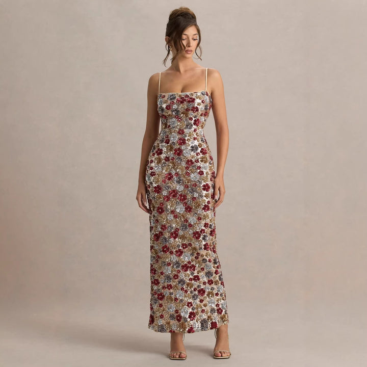 Spring Summer Suspender Sequined Sheath Dress Party Holiday Split Dress