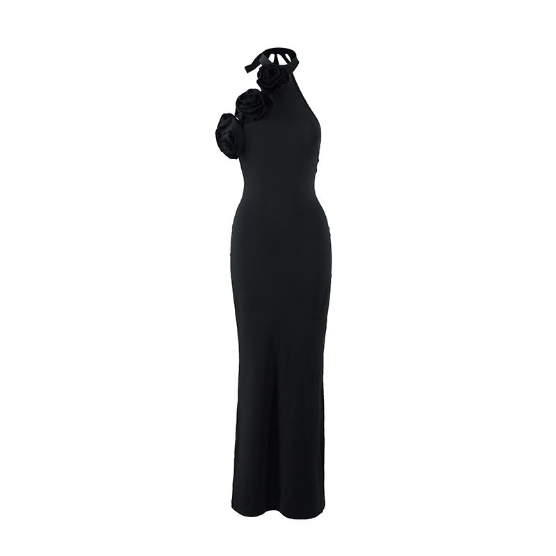 Women Clothing Three Dimensional Floral Sexy Halter Backless Split Dress
