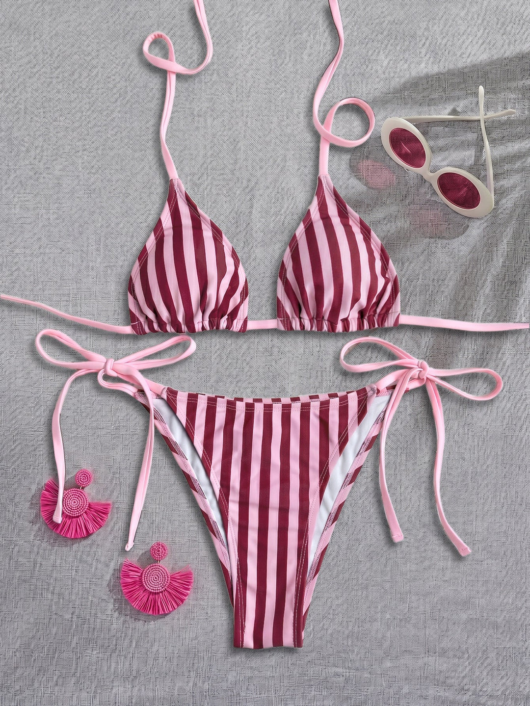 Women Striped Printed Bikini Halter Strap Sexy Split Bikini Seaside Swimwear