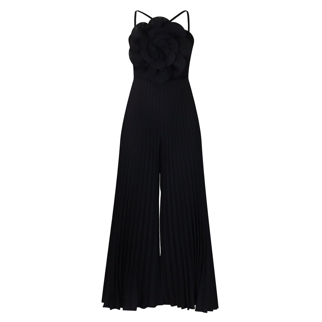 Women Clothing Summer Halter Three Dimensional Floral Solid Color Wide Leg plus Size Jumpsuit