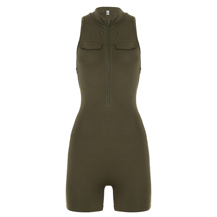 Street Sports Jumpsuit Shorts Stand Collar Zipper Tooling Peach Hip Yoga Fitness One Piece Women