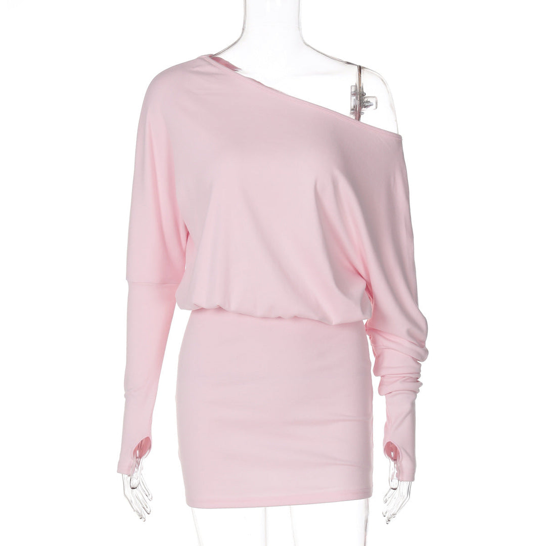 Women Clothing Autumn Personalized One Shoulder Cold Shoulder Long Sleeve Faux Two Piece Waist Slimming Hip