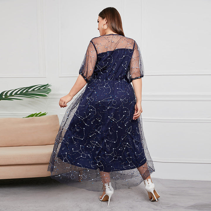 Plus Size New French Hepburn Dress Women Mesh Banquet Party Maxi Dress Prom Dresses