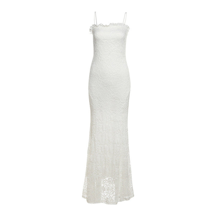Summer Women Clothing Sexy Solid Color Mesh Stitching Hollow Out Cutout Slim Strap Dress