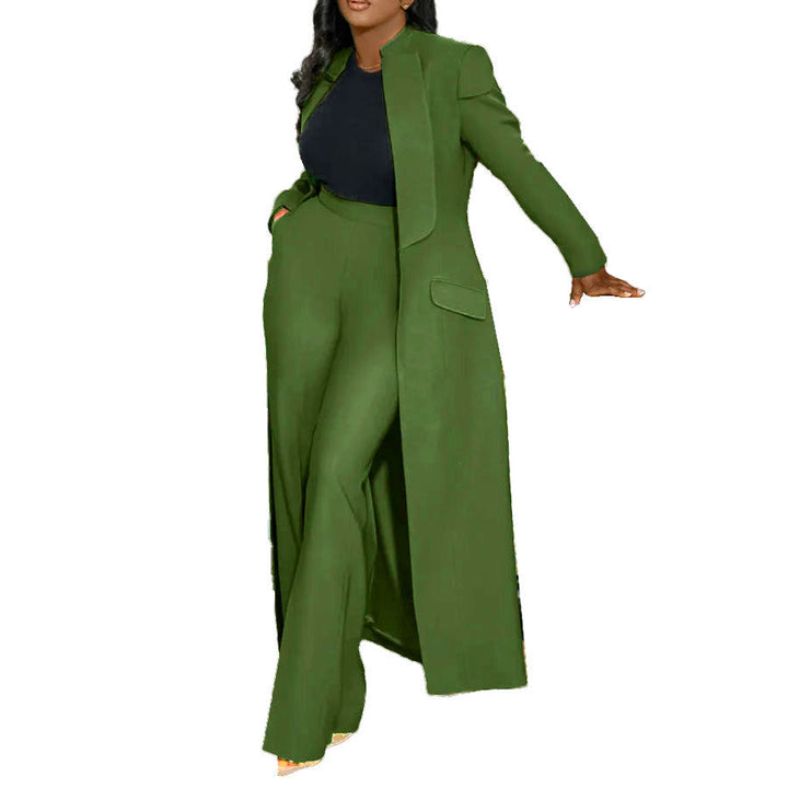 Women Solid Color Polo Collar Long Two Piece Set