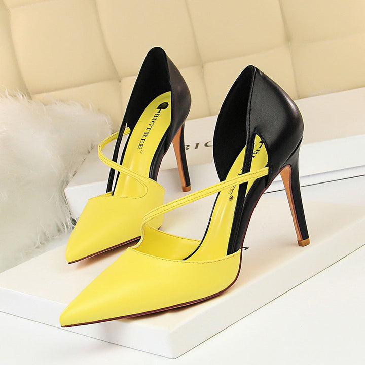 Sweet High Heels Women High Heel Low Cut Pointed Toe Colorblock Hollow Out Cutout out Strap Skinny Shoes