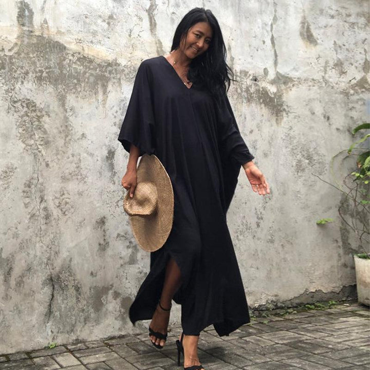 Rayon Loose Robe Beach Cover Up Sexy V Neck Headband Belt Sun Protection Dress Women