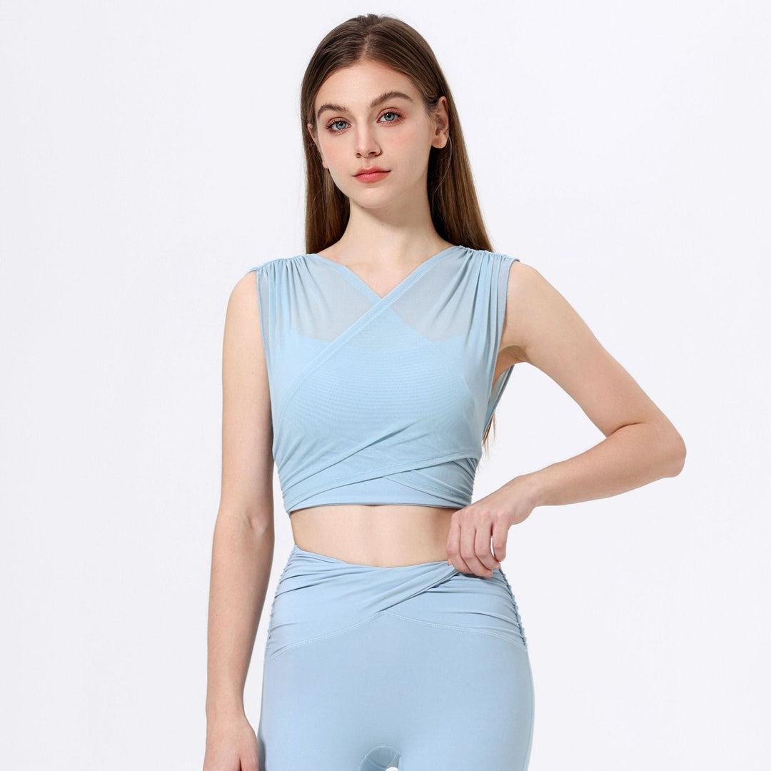 Mesh Yarn False Two Pieces Sports Top Women Yoga Clothes Vest with Chest Pad Sexy Breathable Workout Bra T shirt