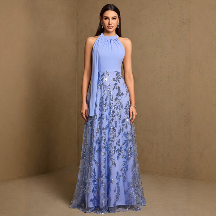 Summer Autumn Halter Elastic Ribbon Stitching Ruffle Embroidered Piece A Swing Evening Dress Party Dress