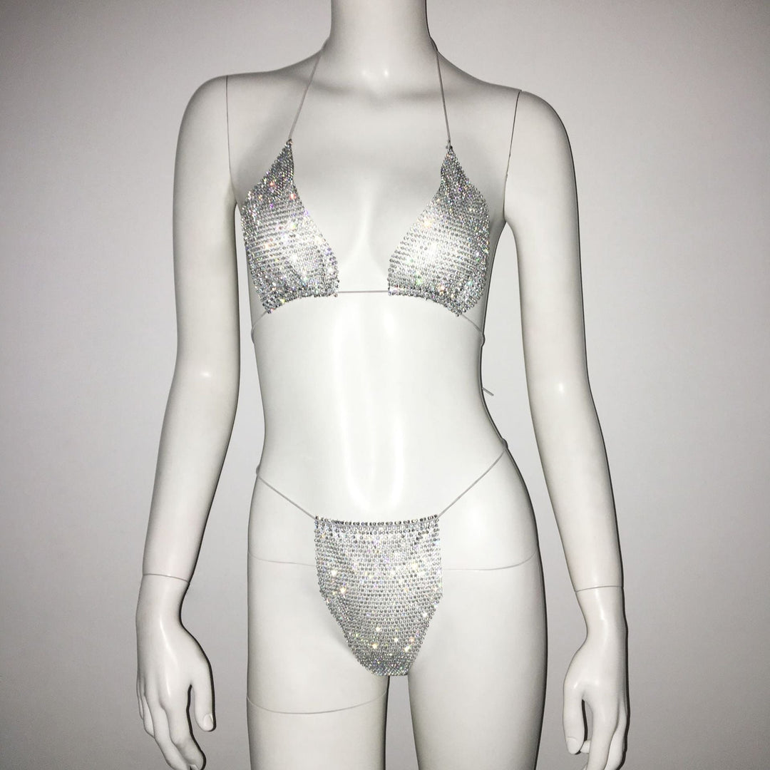 Women Clothing Rhinestone Bikini Set Carnival Sexy Lace Up Outdoor Beach Split Swimsuit