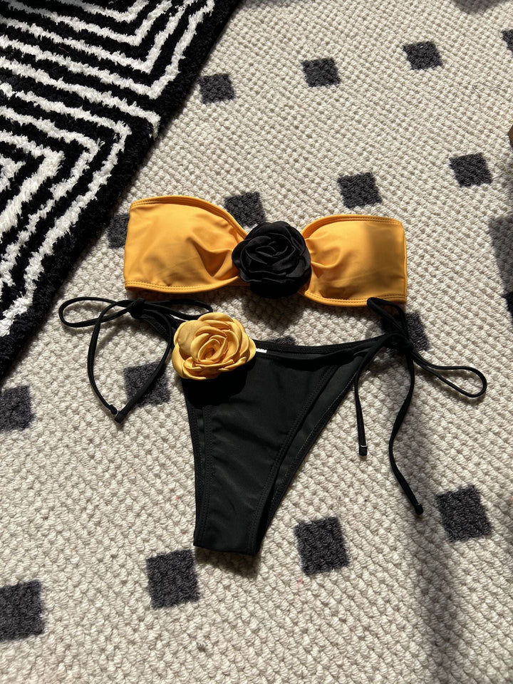 Color Matching Rose Tube Top Lace up Drawstring Strap Split Swimsuit Bikini