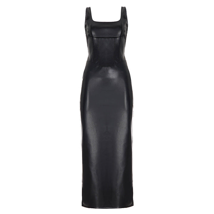 Women Clothing Square Collar Low Cut Drawstring Slim Fit Leather Dress Sexy Sheath Split Dress