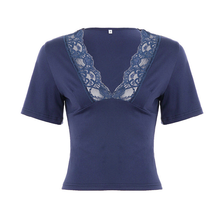 Sexy V neck Lace Patchwork Waist Slimming Figure Flattering Short Sleeve Top Solid Color BASIC Short T shirt Women