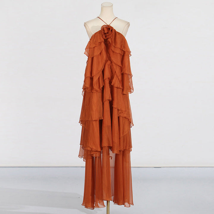 Elegant Lady Patchwork Ruffled Maxi Dress Early Spring Halter Backless Design Maxi Dress Women