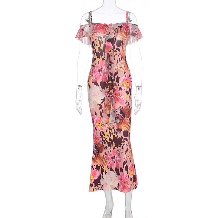 Summer Women Sexy Printed Ruffled Spaghetti Straps Slim Slimming Dress