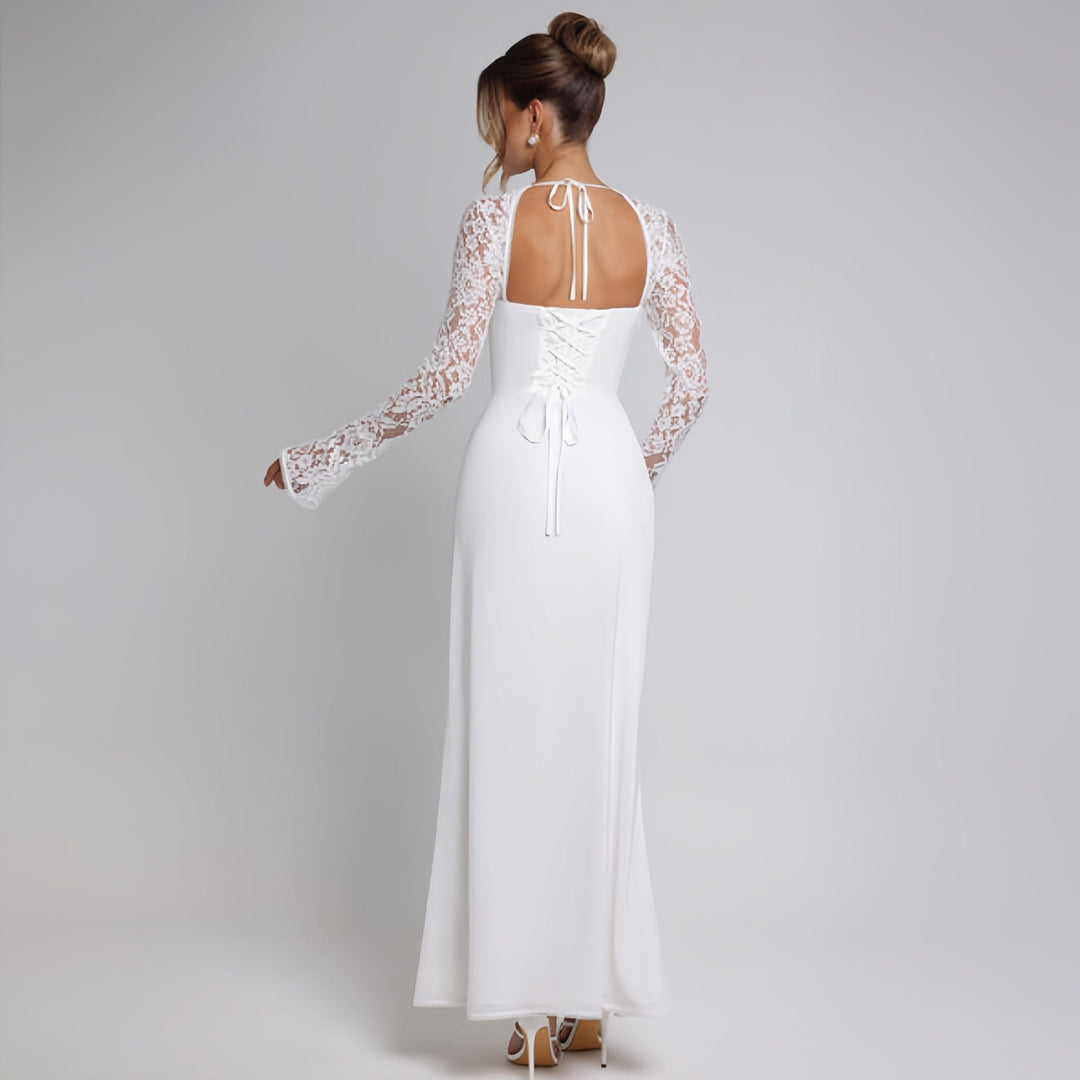 Autumn Women Wear Low Cut Self Tie Lace Slim Fit Slit Sexy Dress
