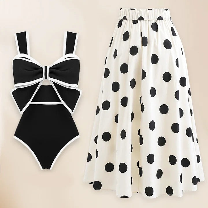 Sexy Swimsuit Women Conservative Cover Belly Lace up Swimsuit Spring Chiffon Beach Skirt Set Swimsuit