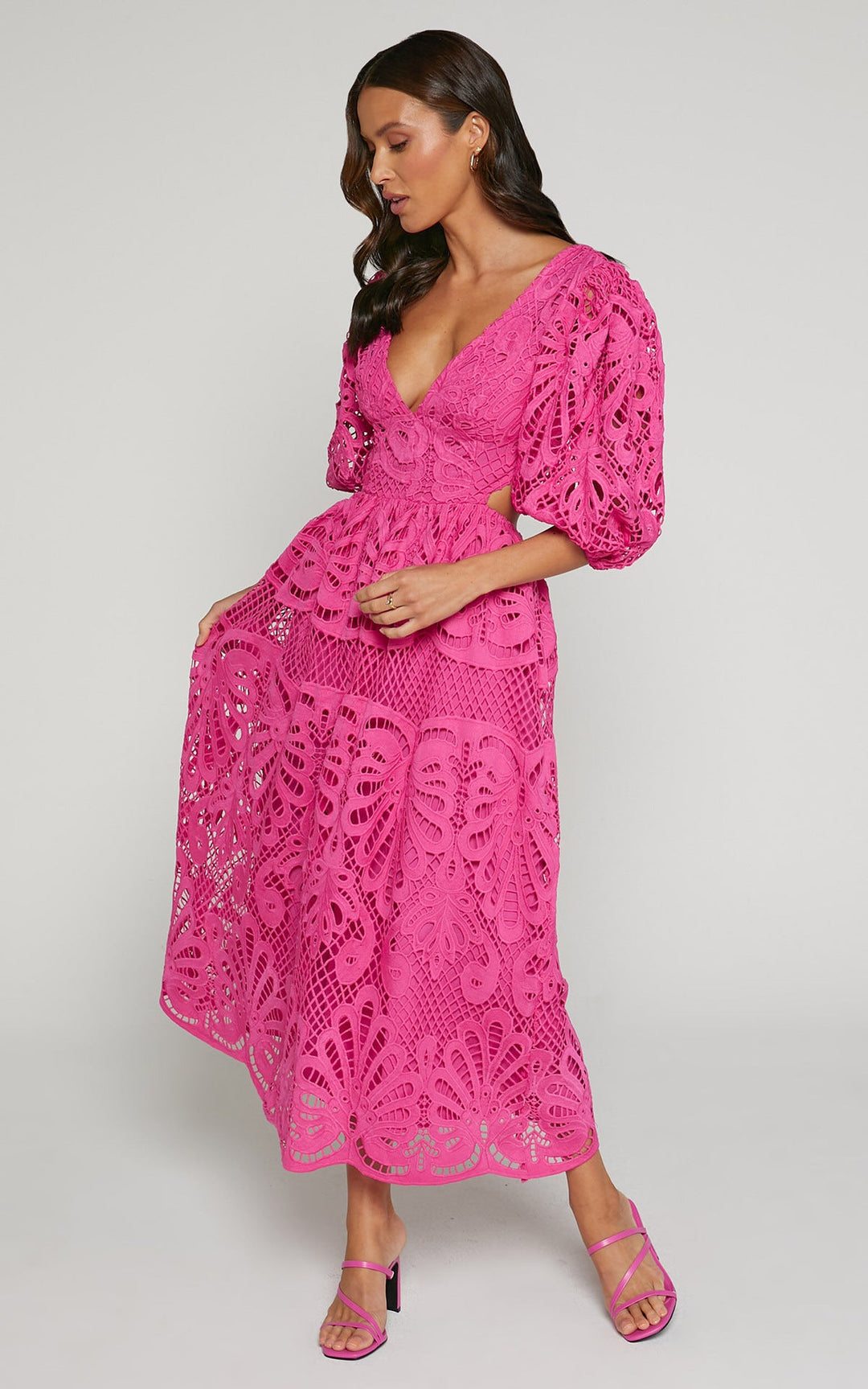 Women Clothing Hollow Out Cutout out Dress Summer V neck Lace Embroidery Sexy Waist Baring Dress