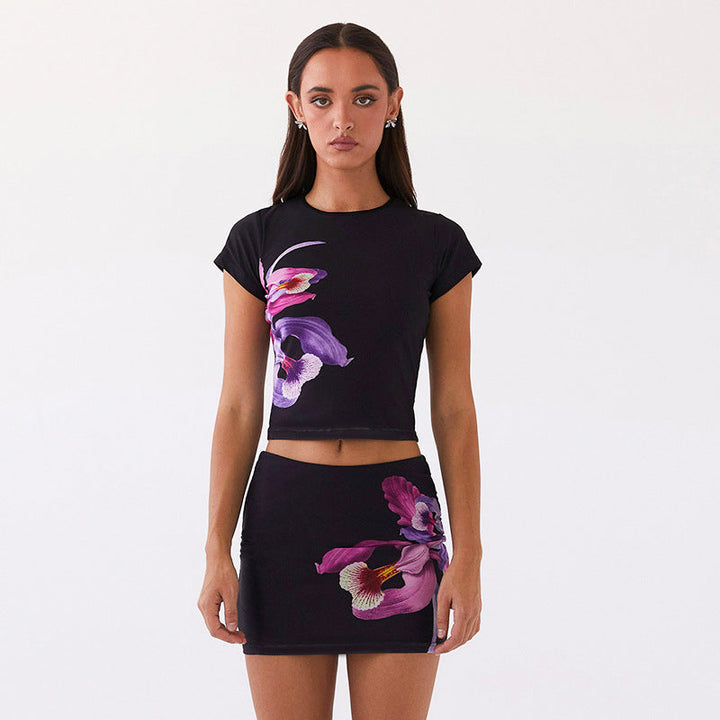 Women Clothing Summer Short Sleeved Printed Hip Skirt Set Women High Grade Suit Two Piece Skirt