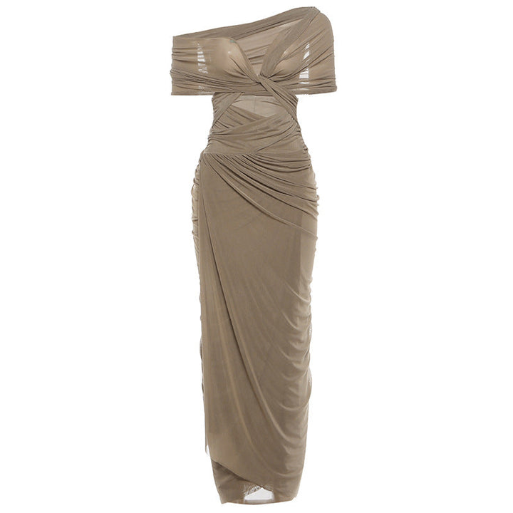 Summer Women Pleated Design Tight Waist Maxi Dress Sexy See through Dress