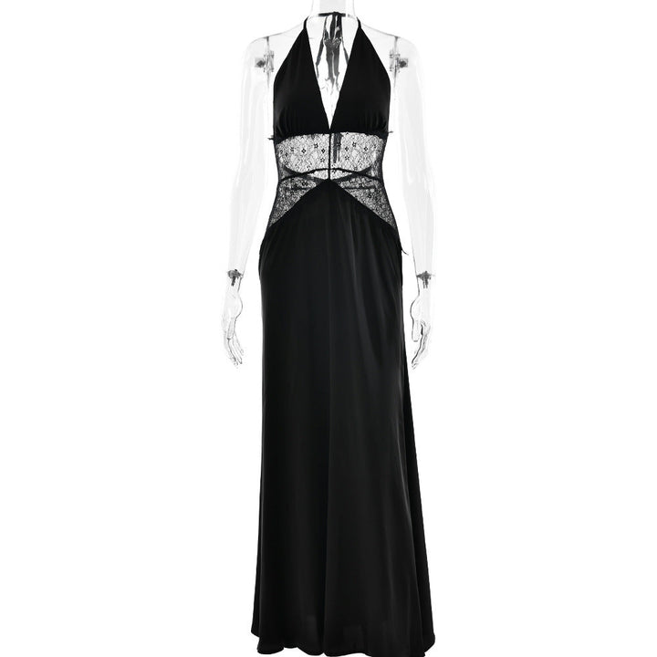Summer Elegant Deep V Plunge Silky Satin Dress Stitching Halter Waist Tight Sexy Dress