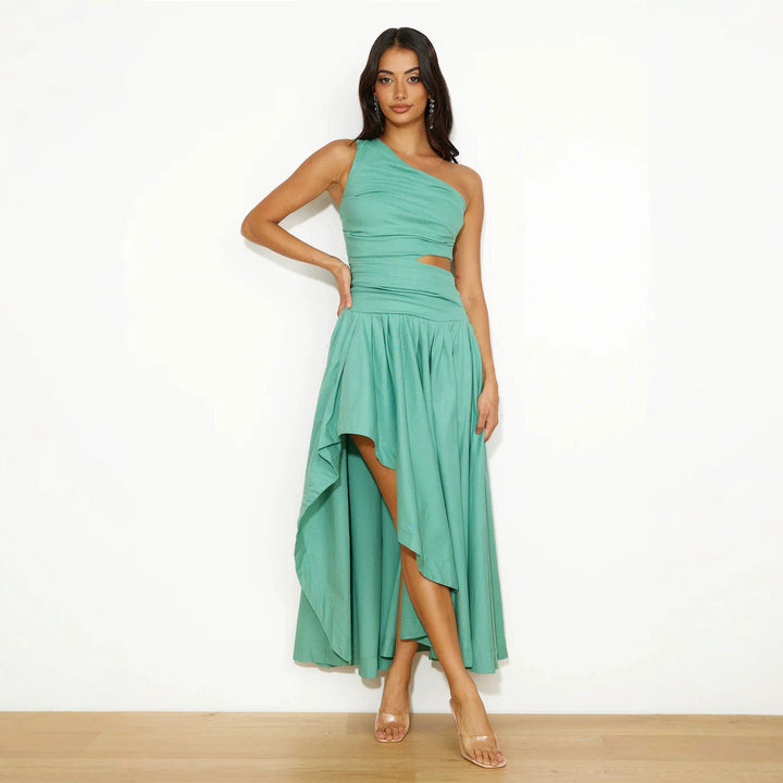 Spring Summer Pleated One Shoulder Diagonal Collar Irregular Asymmetric Solid Color Ripped Dress