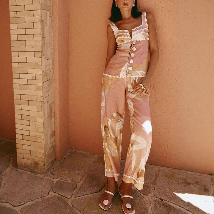 Spring Summer Sleeveless Vest Pants Printing Vacation Pocket Two Piece Set for Women