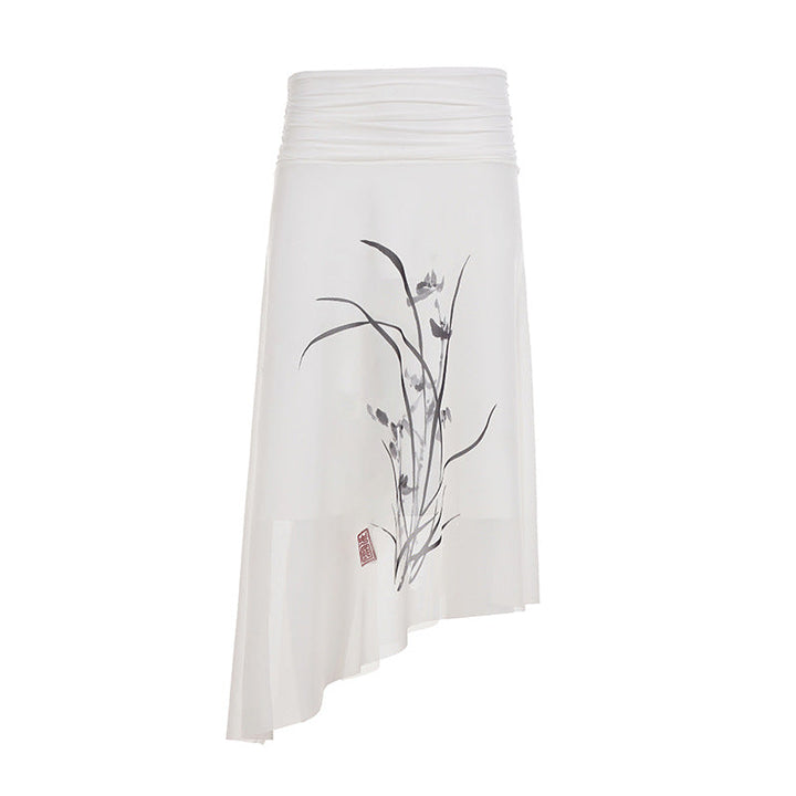 Summer Arrival National Floral Printed Mesh Skirt Chinese Elegant Asymmetric Skirt