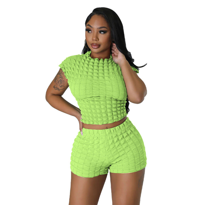 Women Clothing Popular Sleeveless Cropped Shorts Popcorn Bubble Two Piece Set