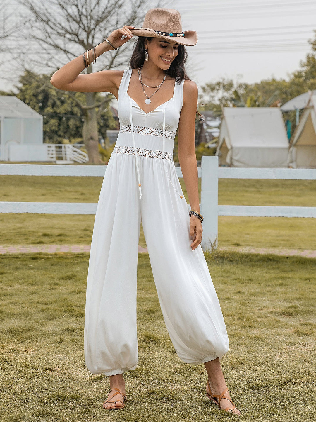 Bell Bottom Pants Drawstring Spaghetti Straps Sleeveless Hollow Out Cutout High Waist Sexy Women Jumpsuits